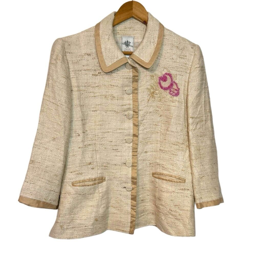 Paule Vasseur Lulu Beige Tweed Beaded Floral Blazer Silk Jacket Formal 44/ 12 US